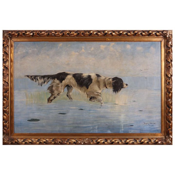 Water Spaniel walking through shallow water under cloudy sky, oil painting by Eilert Mehl, Collection CK10