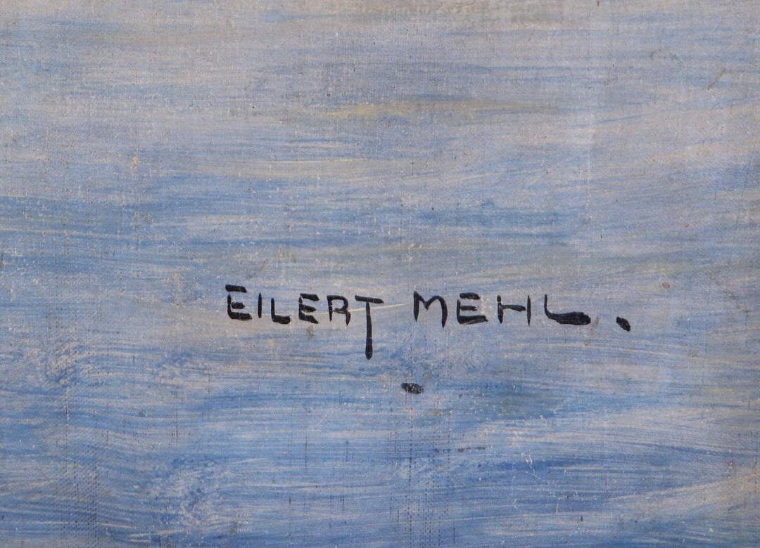 Signature of Eilert Mehl on a textured blue background, from Collection CK10 artwork Water Spaniel painting