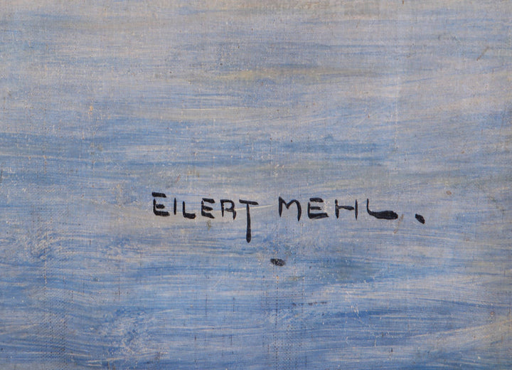 Signature of Eilert Mehl on a textured blue background, from Collection CK10 artwork Water Spaniel painting