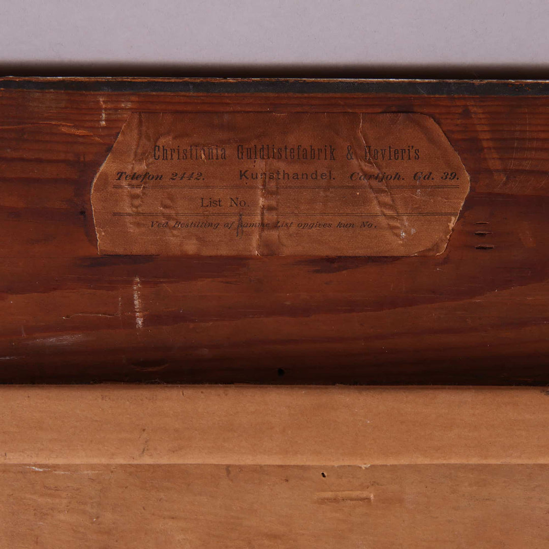 Close-up of vintage label on wooden frame of Water Spaniel painting by Eilert Mehl, Collection CK10 edition