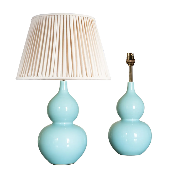 Pair of Celadon Blue Double Gourd Vase Table Lamps with pale blue monochrome finish and cream fabric shade.