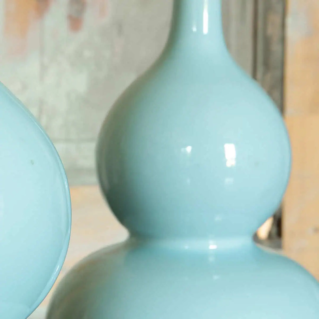 Pair of Celadon Blue Double Gourd Vase Table Lamps in pale blue monochrome finish, modern Chinese design.