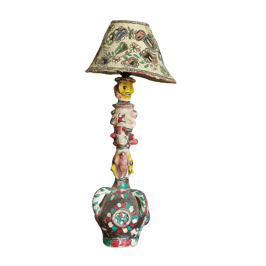 Papier Mache Metamorphosis Table Lamp with colorful hand-painted base and patterned shade, 59 cm tall, 25 cm diameter shade.
