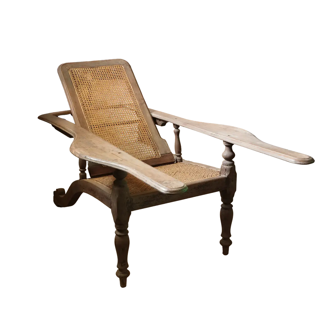 Anglo-Indian caned plantation chair with adjustable backrest by Collection EE30, showcasing 19th-century craftsmanship.