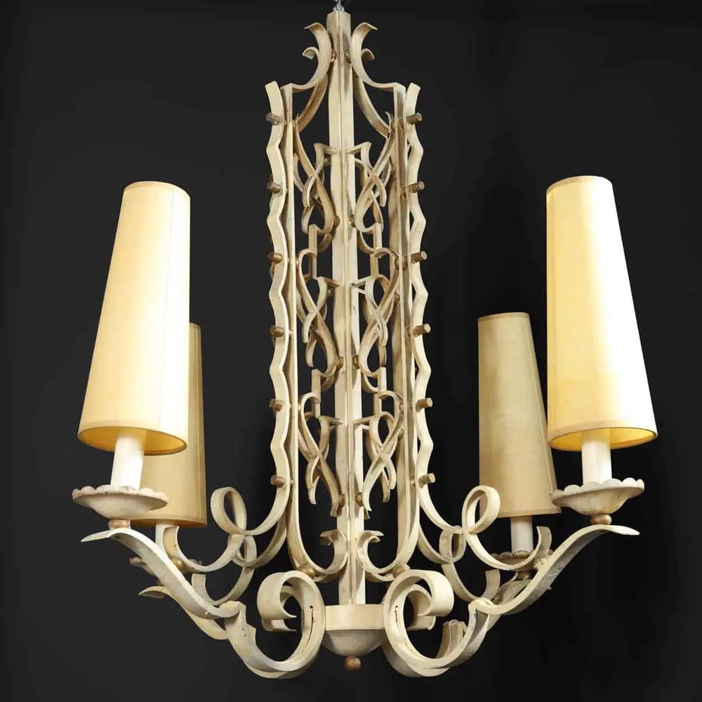 French modernist white painted iron chandelier with four branches and ornamental scrolls by The Sold Archive