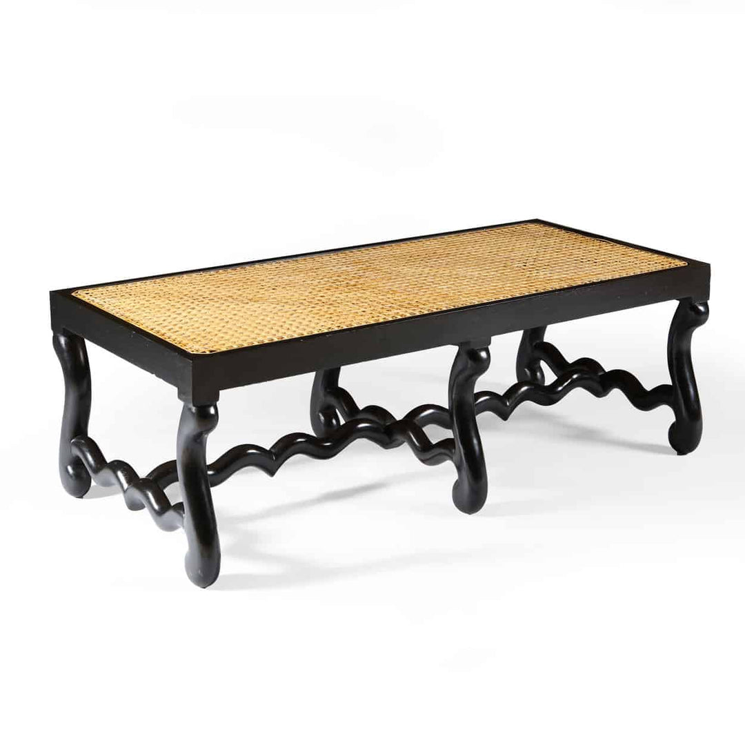 Pair of Os de Mouton ebonised long benches with caned seats and S-shaped legs by Collection EE30