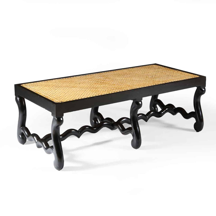 Pair of Os de Mouton ebonised long benches with caned seats and S-shaped legs by Collection EE30