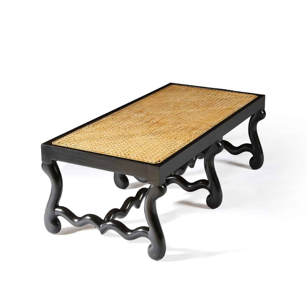 Ebonised Os de Mouton long bench with cane seat and S-shaped legs from Collection EE30, French inspired design