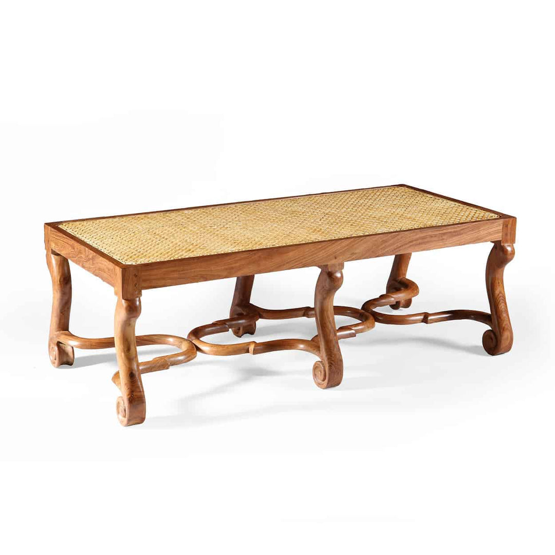 Pair of Walnut long caned benches with shaped voluted legs and Jacobean-inspired stretchers by Collection EE30