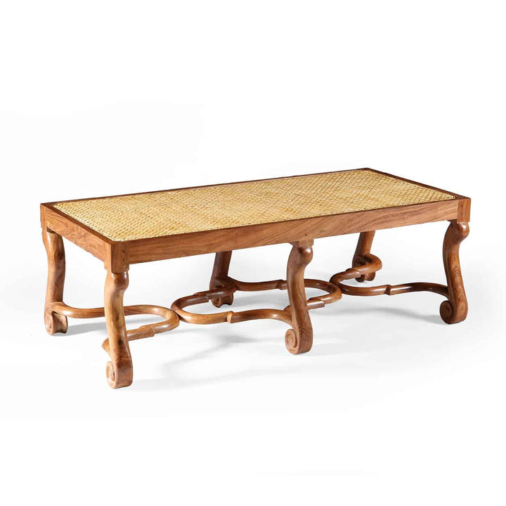 Pair of Walnut long caned benches with shaped voluted legs and Jacobean-inspired stretchers by Collection EE30