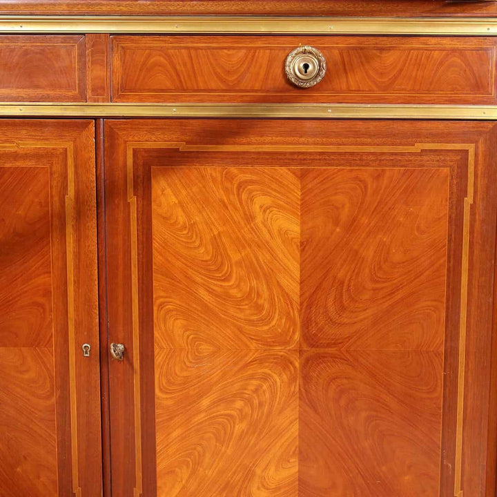 Close-up of oyster cut tulipwood veneer and gilt bronze lock on Napoleon III vitrine cabinet by Nwtiques