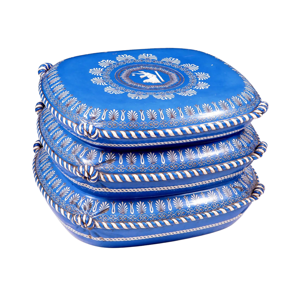Mid Century Blue Etruscan porcelain cushion stool with intricate rope-twist borders by Collection TH20