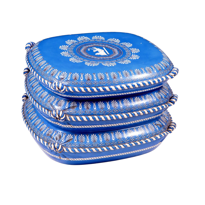 Mid Century Blue Etruscan porcelain cushion stool with intricate rope-twist borders by Collection TH20