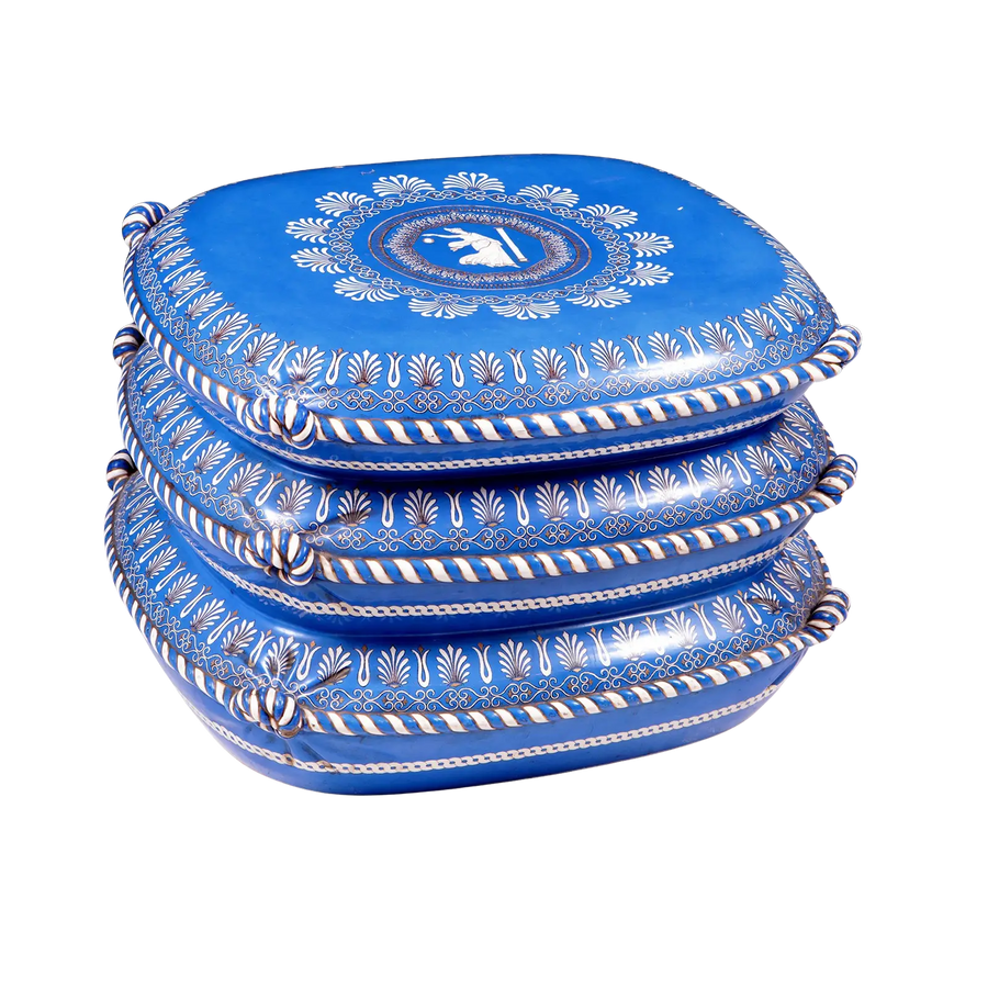 Mid Century Blue Etruscan porcelain cushion stool with intricate rope-twist borders by Collection TH20