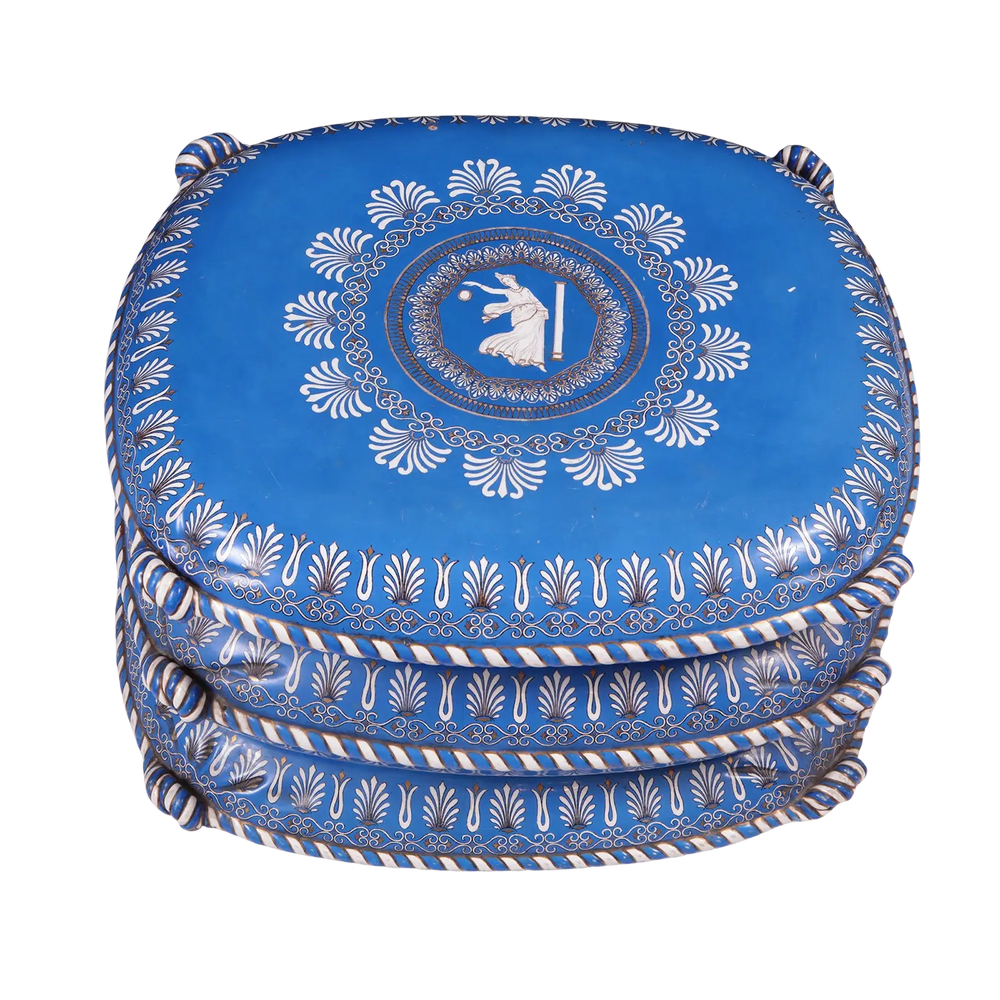 Mid Century Blue Etruscan porcelain cushion stool with goddess motif by Collection TH20, Italian vintage design circa 1950