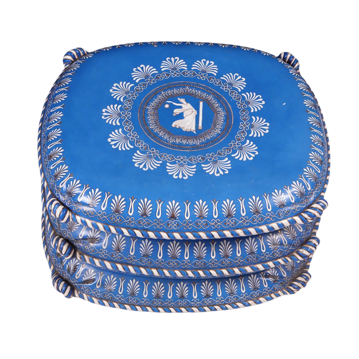 Mid Century Blue Etruscan porcelain cushion stool with goddess motif by Collection TH20, Italian vintage design circa 1950