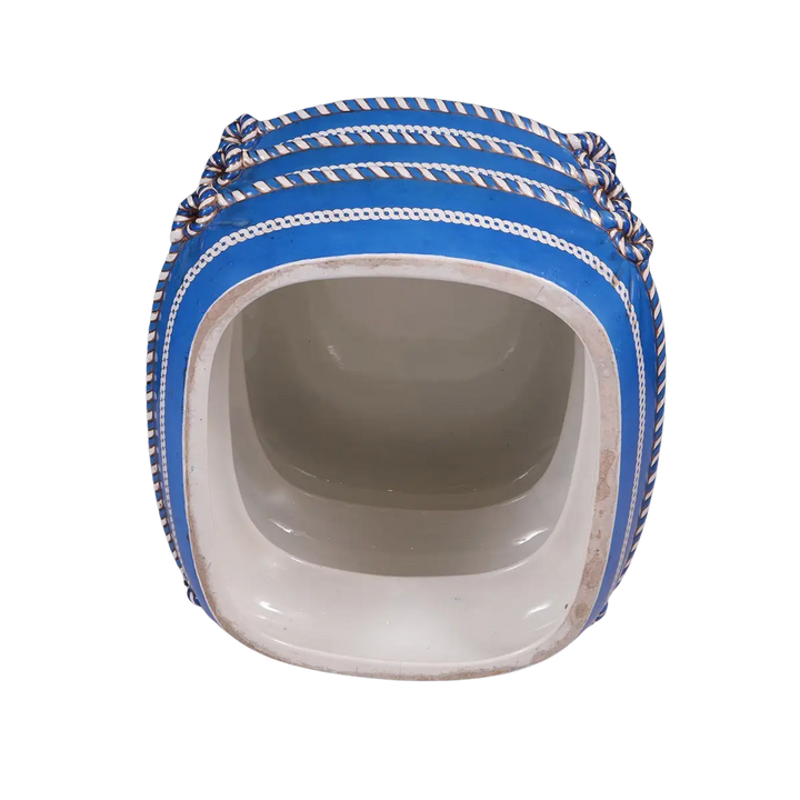 Mid Century Blue Etruscan porcelain cushion stool by Collection TH20 with intricate rope-twist and goddess motifs