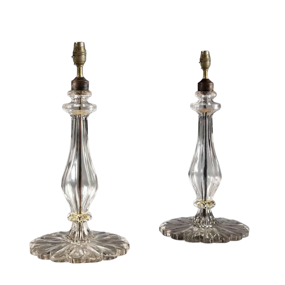 Clear Glass Pair of Taj Table Lamps with petaled bases and baluster columns, designed by Andrew Allfree.