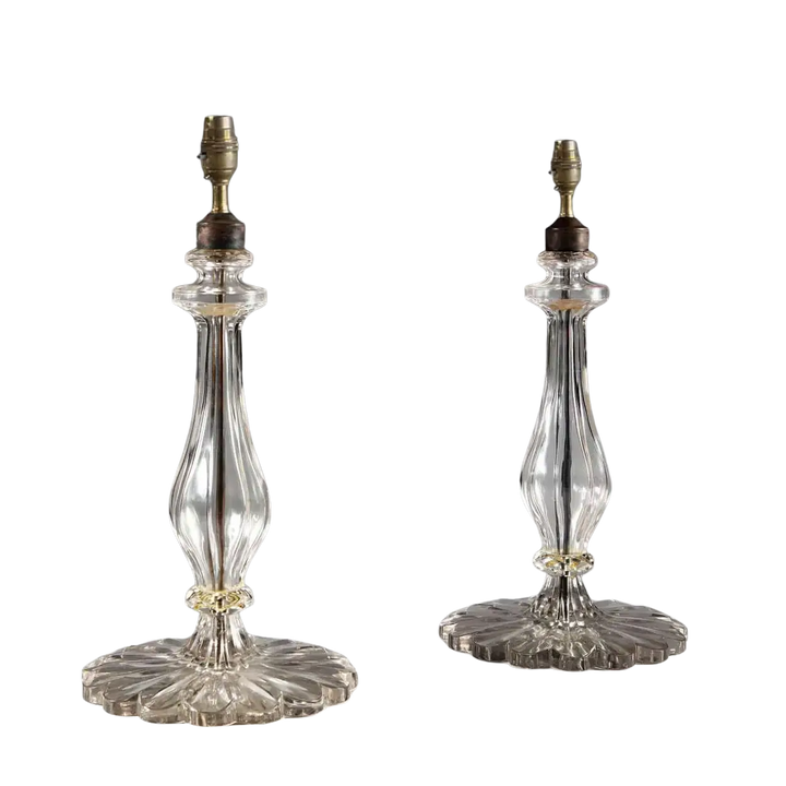 Clear Glass Pair of Taj Table Lamps with petaled bases and baluster columns, designed by Andrew Allfree.