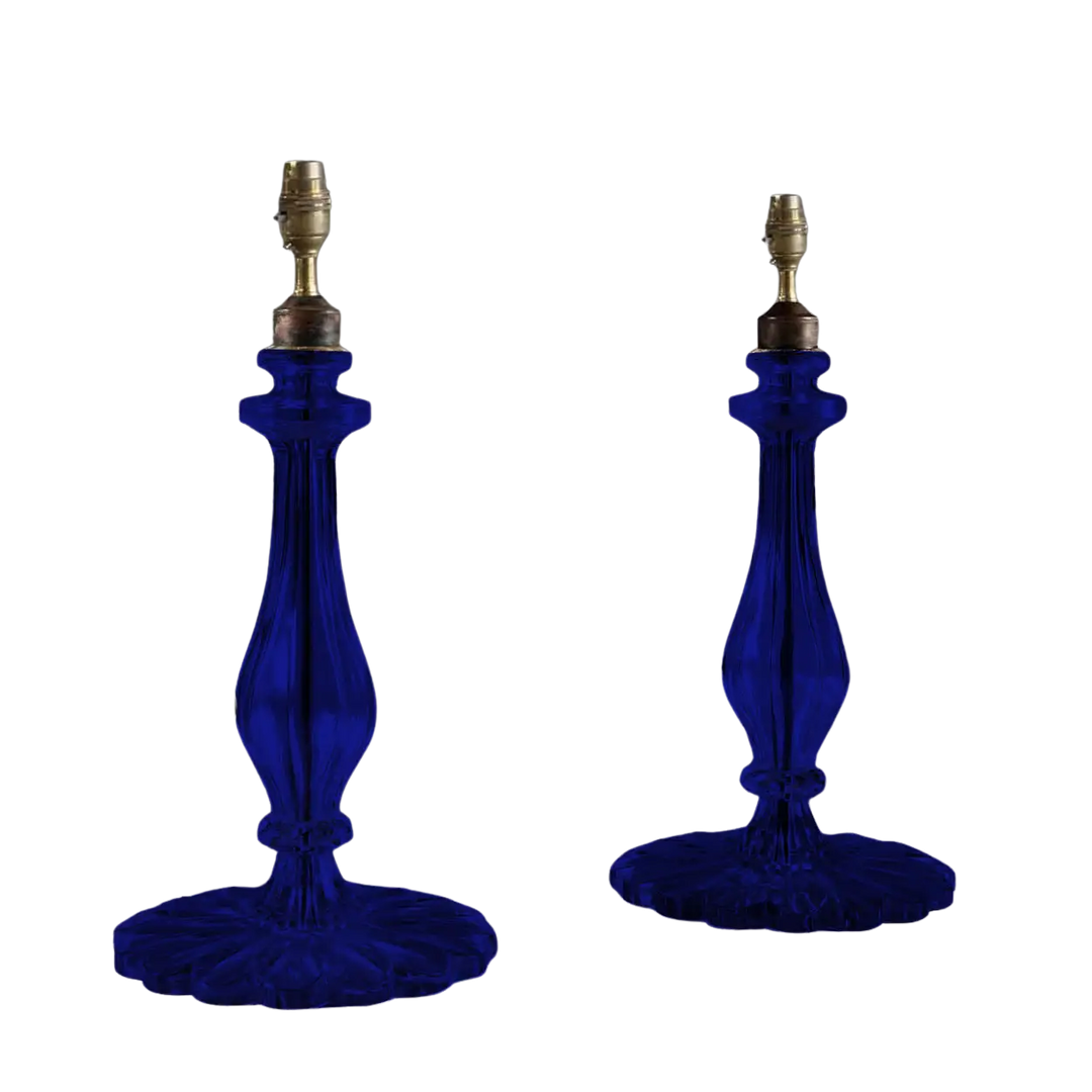 Clear Glass Pair of Taj Table Lamps in deep blue with petaled bases and baluster columns by Andrew Allfree.