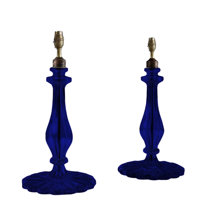 Clear Glass Pair of Taj Table Lamps in deep blue with petaled bases and baluster columns by Andrew Allfree.