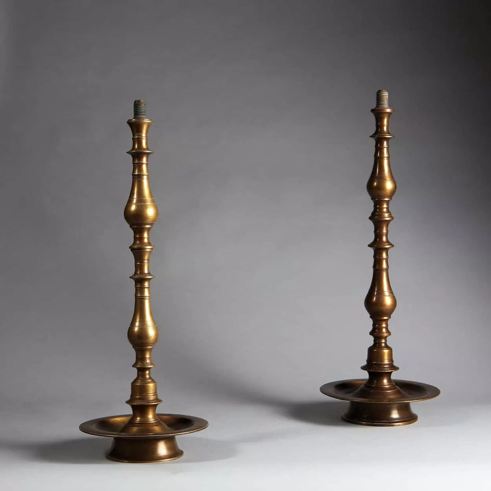 Matched Pair of Turned Brass Indian Table Lamps 19th century brass lamps India circa 1850 height 51cm.