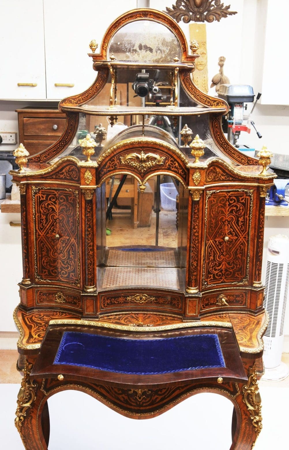 Exquisite Napoleon III marquetry secretaire with gilt bronze mounts and blue velvet slide by Nwtiques