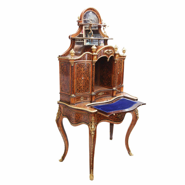 Napoleon III marquetry secretaire with gilt bronze mounts and blue velvet slide by Nwtiques