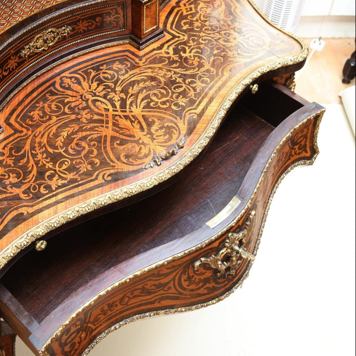 Close-up of Napoleon III marquetry secretaire drawer with gilt bronze mounts by Nwtiques
