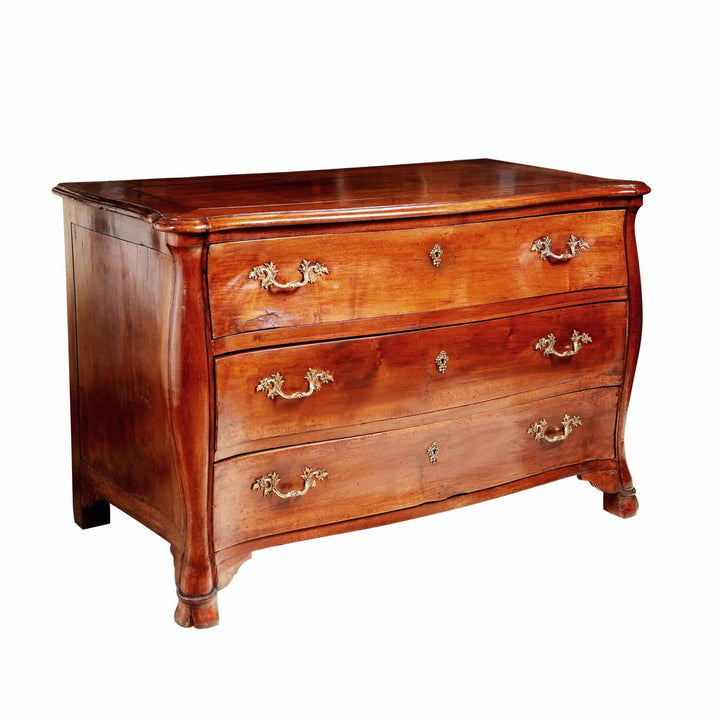 Mid 18th century French walnut commode with three drawers and ornate handles from Nwtiques