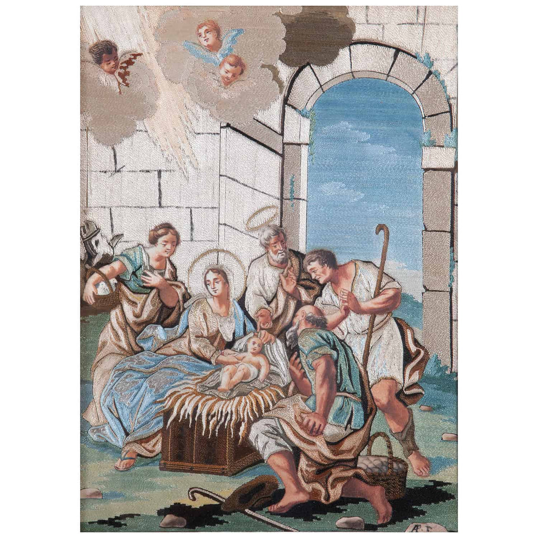 Rare 18th-century silk appliqué panel by Marianna Elmo depicting a New Testament scene, offered by Nicholas Wells Antiques
