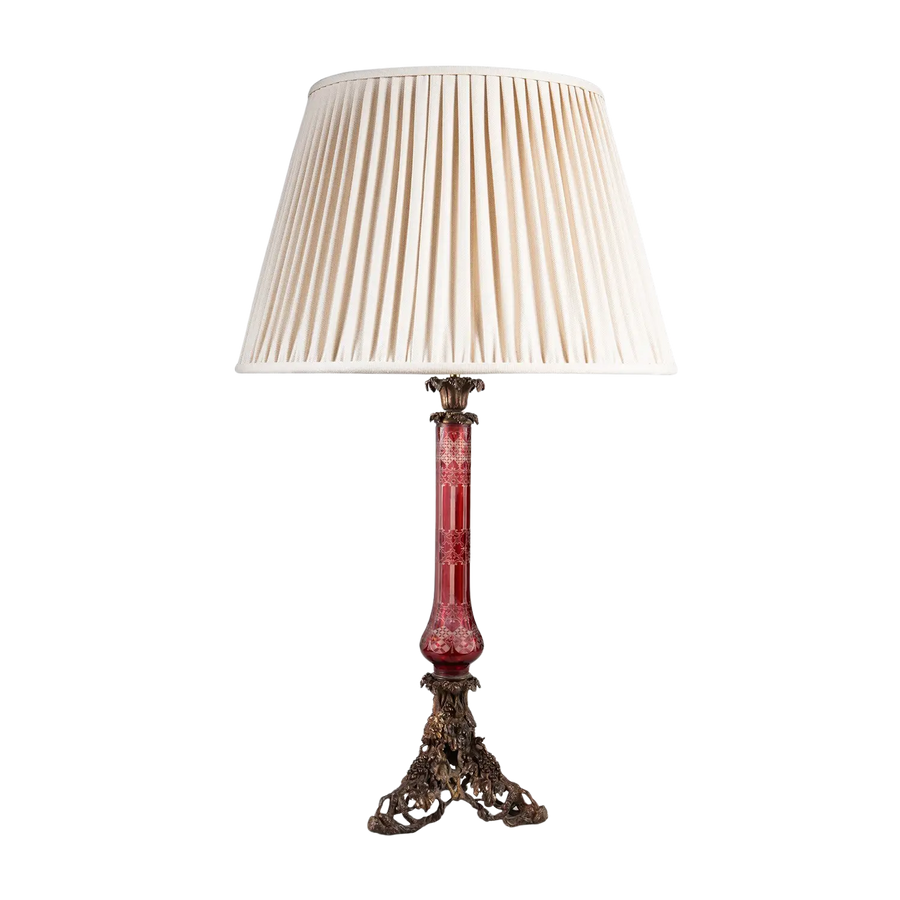Large Bohemian Engraved Red Glass Table Lamp with brass triangular base and ruby faceted clear glass column.