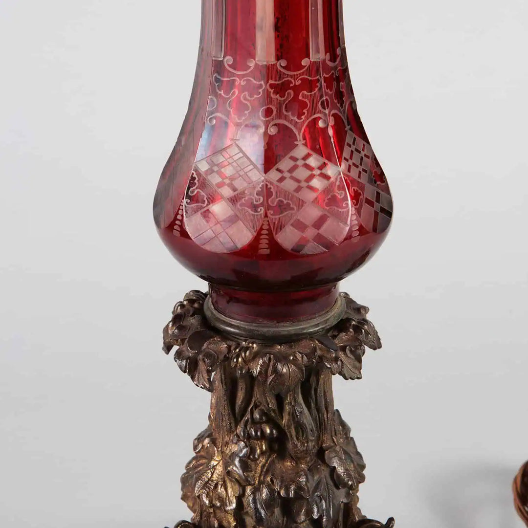Large Bohemian Engraved Red Glass Table Lamp with ruby glass and ornate cast brass vine and grape base.