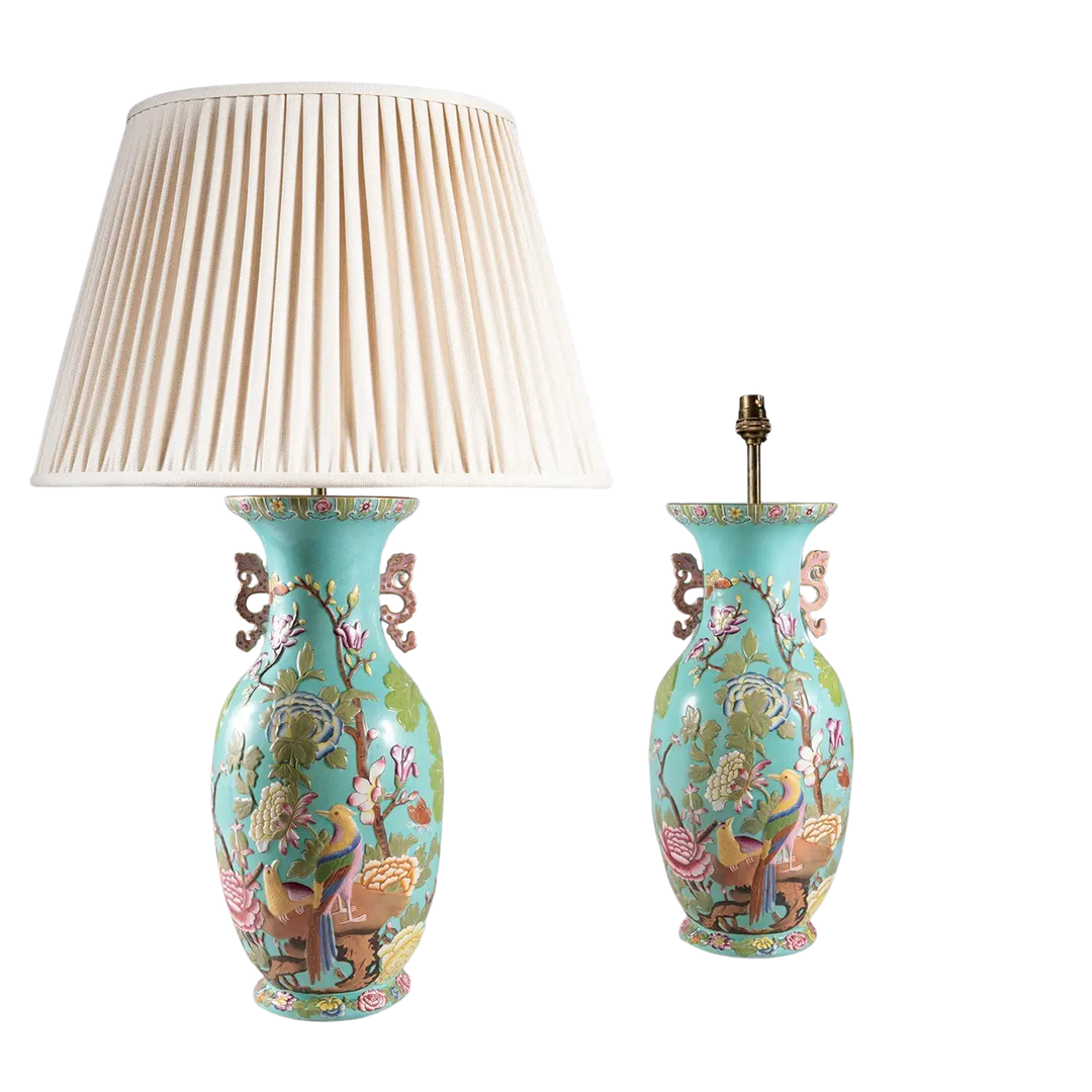 Pair of Staffordshire Vases Mounted as Table Lamps turquoise porcelain with hand-painted floral and bird designs circa 1950