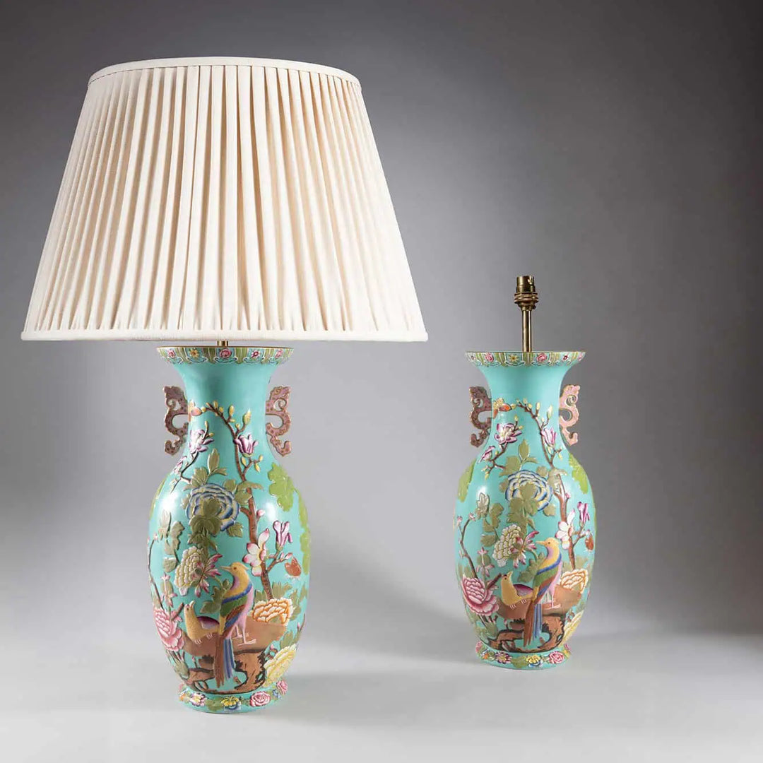 Pair of Staffordshire Vases Mounted as Table Lamps, turquoise porcelain with floral and bird motifs, circa 1950 England.
