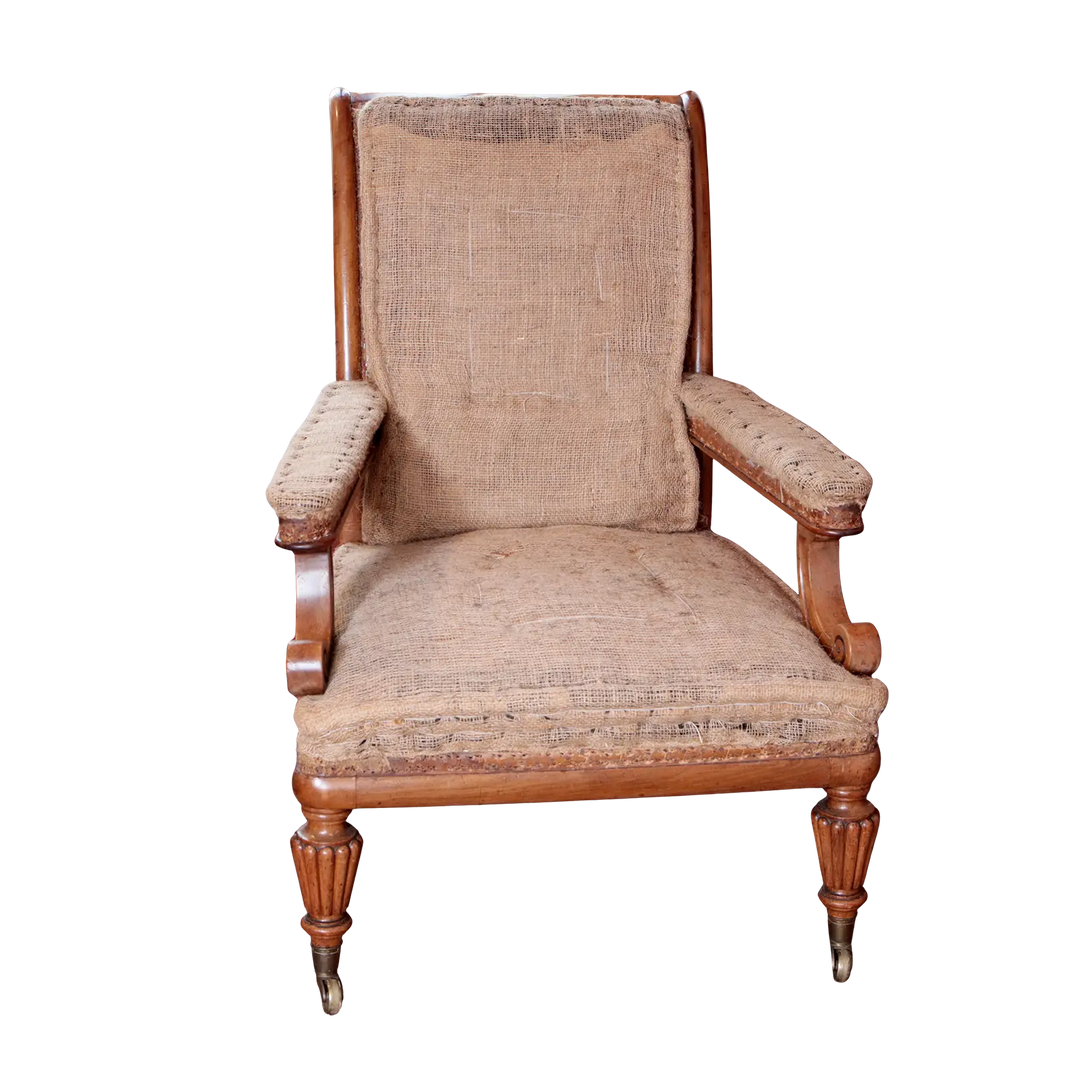 William IV walnut library chair with natural upholstery and brass castors by Collection EE30, circa 1830 England