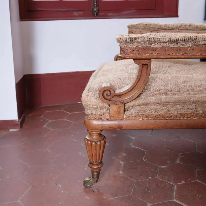 Detail of turned front leg with brass castor on William IV Walnut Library Chair by Collection EE30