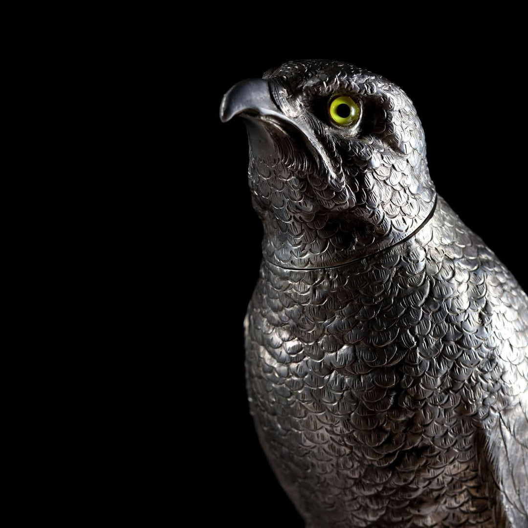 Early 20th century German solid silver hawk sculpture with glass eyes by Collection CK20, detailed craftsmanship