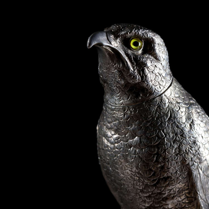 Early 20th century German solid silver hawk sculpture with glass eyes by Collection CK20, detailed craftsmanship