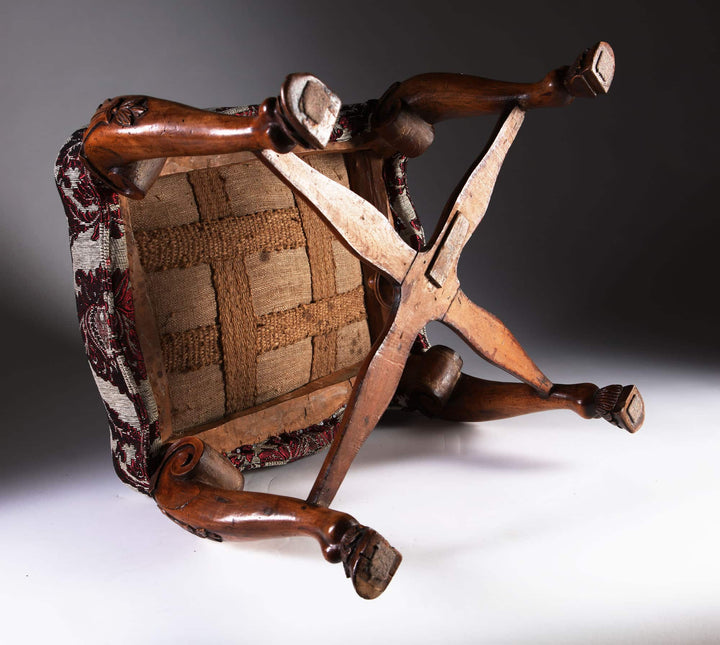 Pair of large 18th Century Italian walnut stools with carved cabriole legs by Collection CK20 viewed from below.
