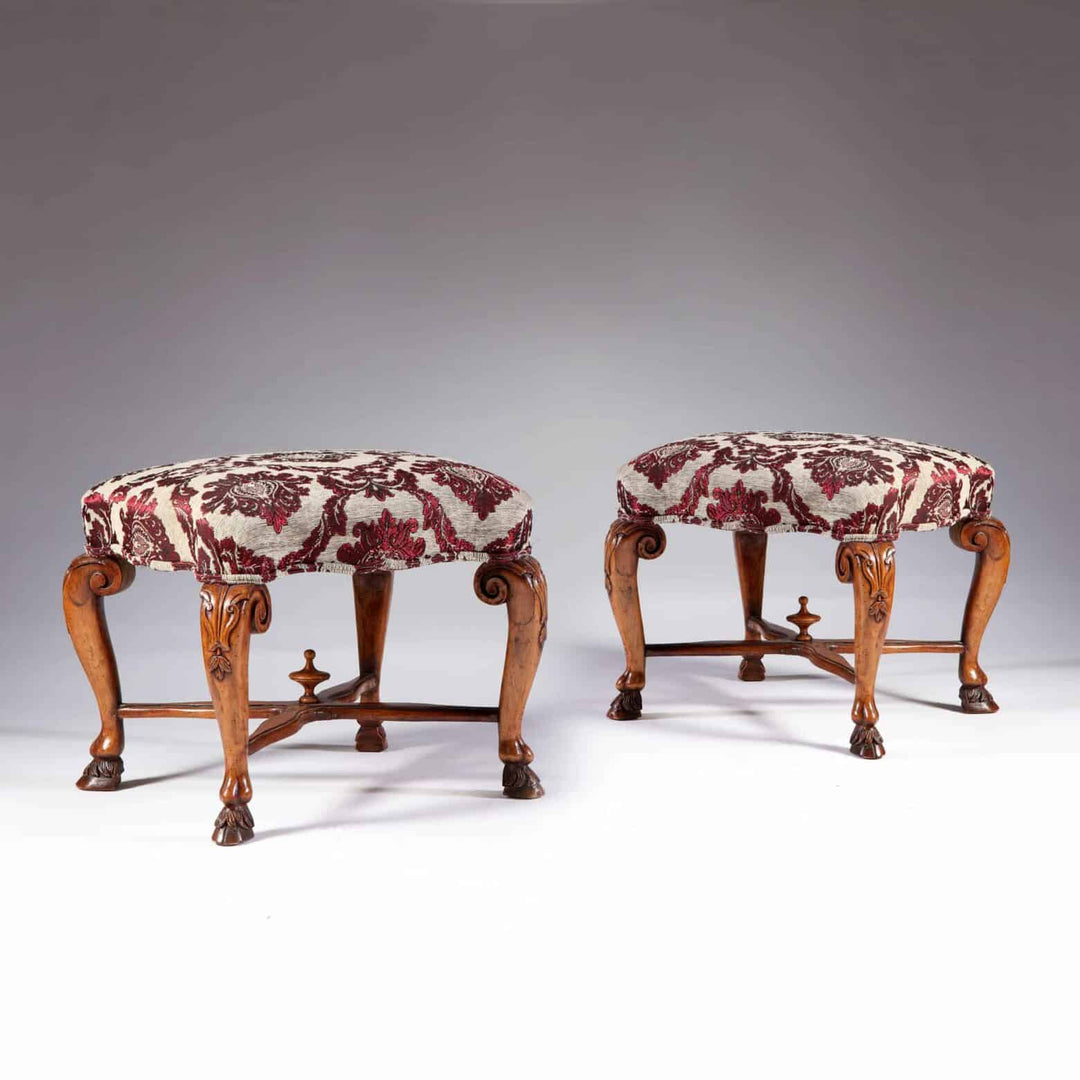 Pair of large 18th century Italian walnut stools with carved cabriole legs and ornate fabric seats from Collection CK20