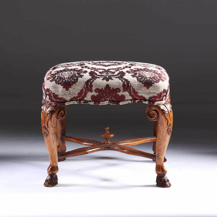 18th century Italian walnut stool with carved cabriole legs and ornate upholstered seat from Collection CK20