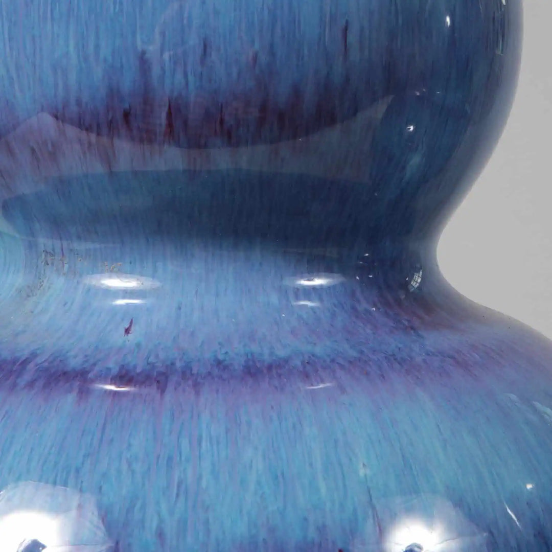 Pair of Flambe Double Gourd Vases as Table Lamps with glossy blue glaze and rounded double gourd shape, modern design