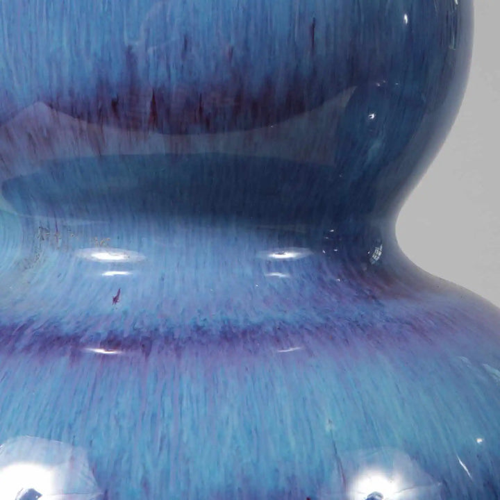 Pair of Flambe Double Gourd Vases as Table Lamps with glossy blue glaze and rounded double gourd shape, modern design