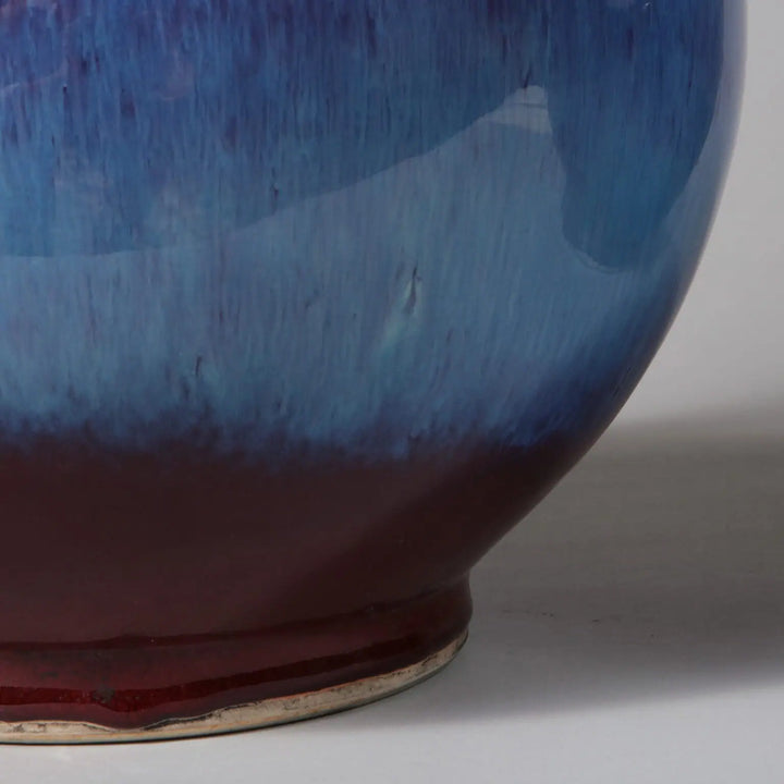 Pair of Flambe Double Gourd Vases as Table Lamps with blue and red glaze, modern Chinese design, 47 cm tall.