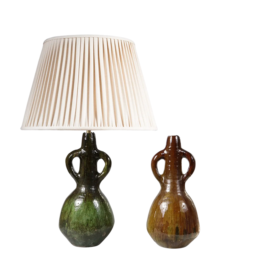 Two Rustic Vases Green and Ochre Glazed mounted as Table Lamps with unique textured pottery bases and cream fabric shade.
