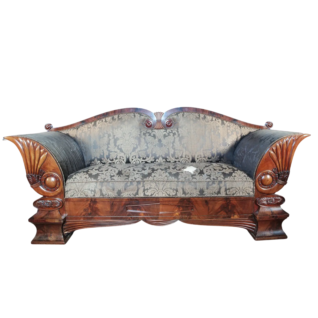 Early 19th century flame mahogany Biedermeier sofa from Collection EE20 with ornate wood and patterned upholstery