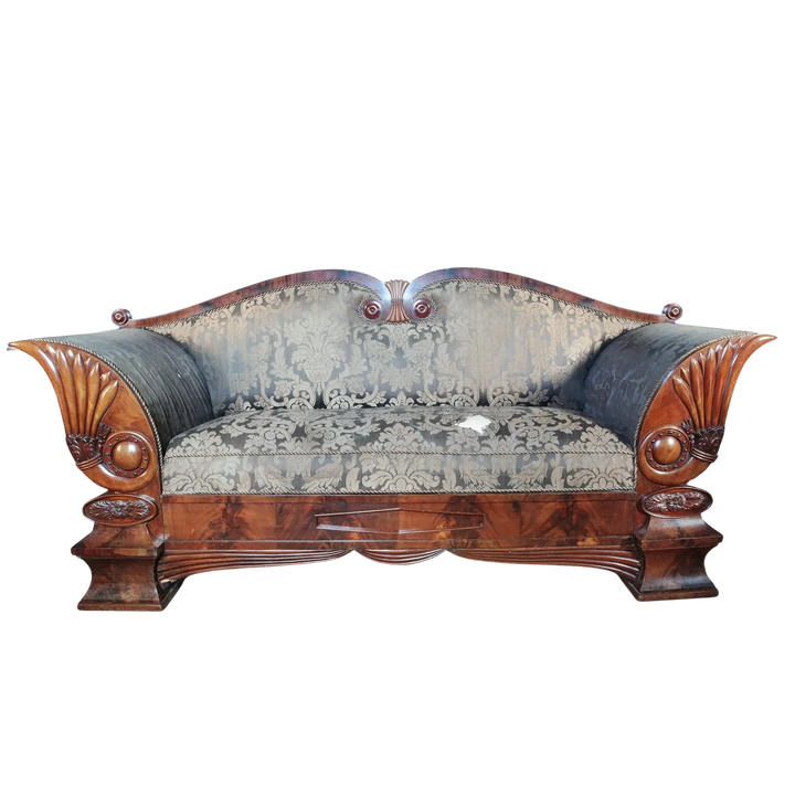 Early 19th century flame mahogany Biedermeier sofa from Collection EE20 with ornate wood and patterned upholstery