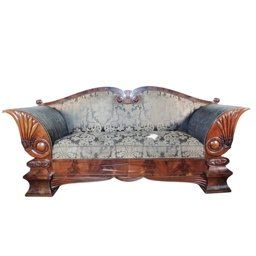 Early 19th century flame mahogany Biedermeier sofa from Collection EE20 with ornate wood and patterned upholstery