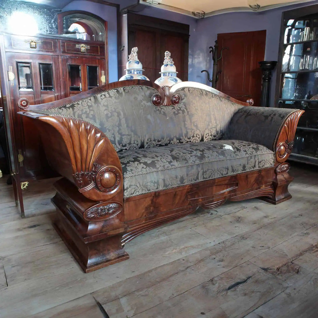 Early 19th Century Flame Mahogany Biedermeier Sofa with ornate carving and patterned upholstery from Collection EE20